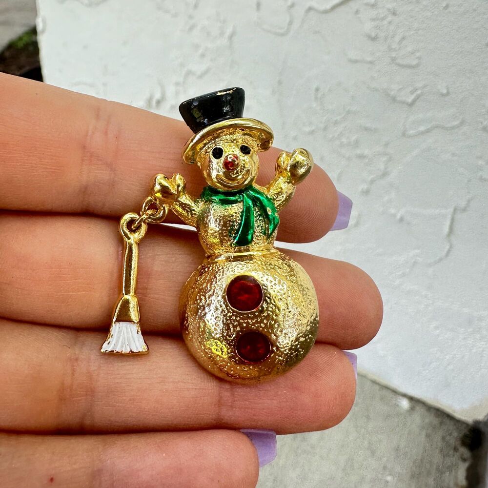 Vintage Jewelry Gold Tone SFJ Snowman Brooch Winter brooch